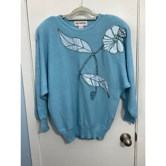 Vintage Nina Martini Sweater Small Blue Floral Embroidered Beaded Grannycore - Picture 1 of 7